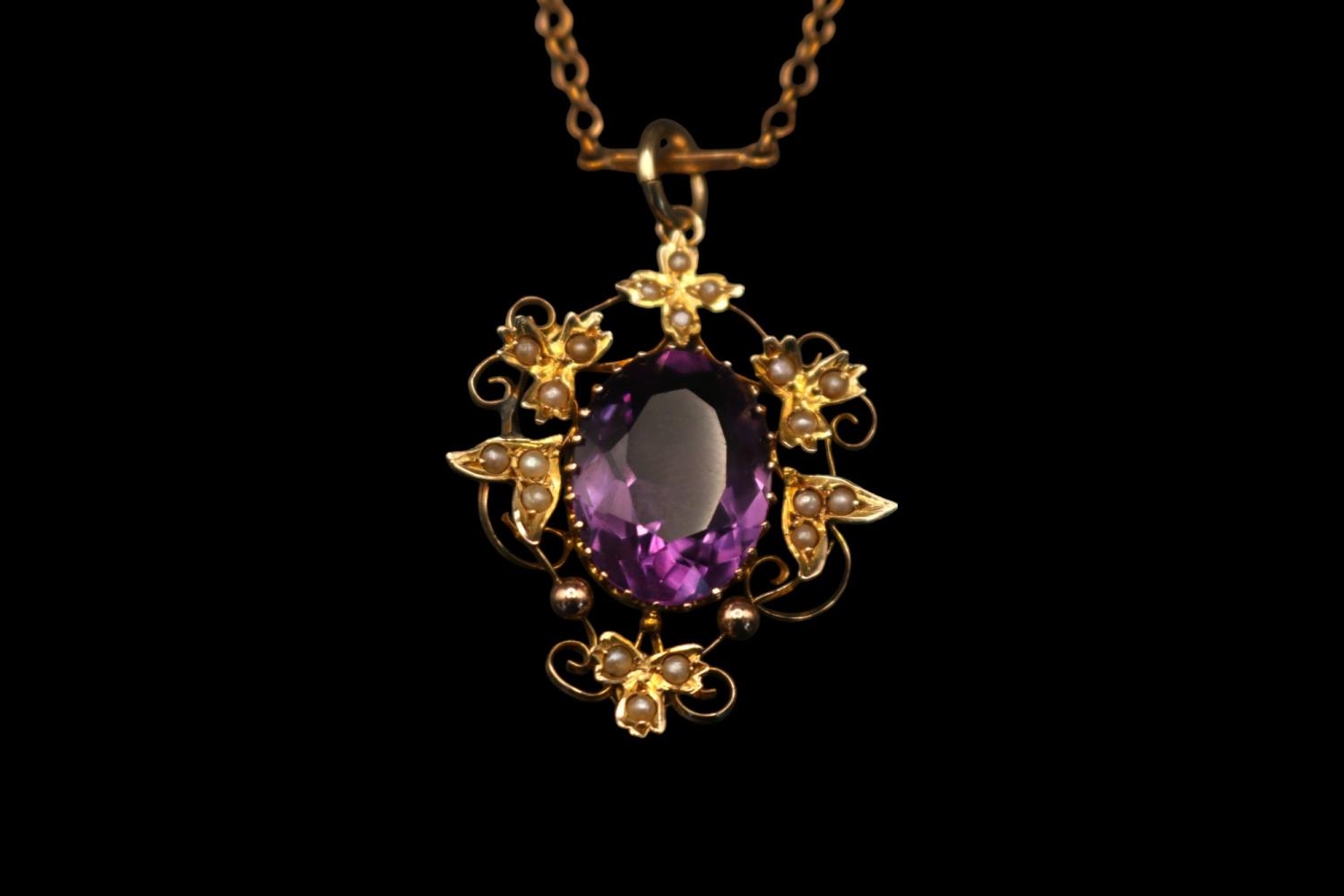 9ct Gold Edwardian Oval Amethyst Pendant with Foliate seed pearl setting. Oval Facetted Amethyst
