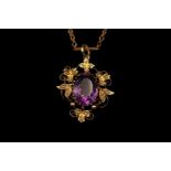 9ct Gold Edwardian Oval Amethyst Pendant with Foliate seed pearl setting. Oval Facetted Amethyst