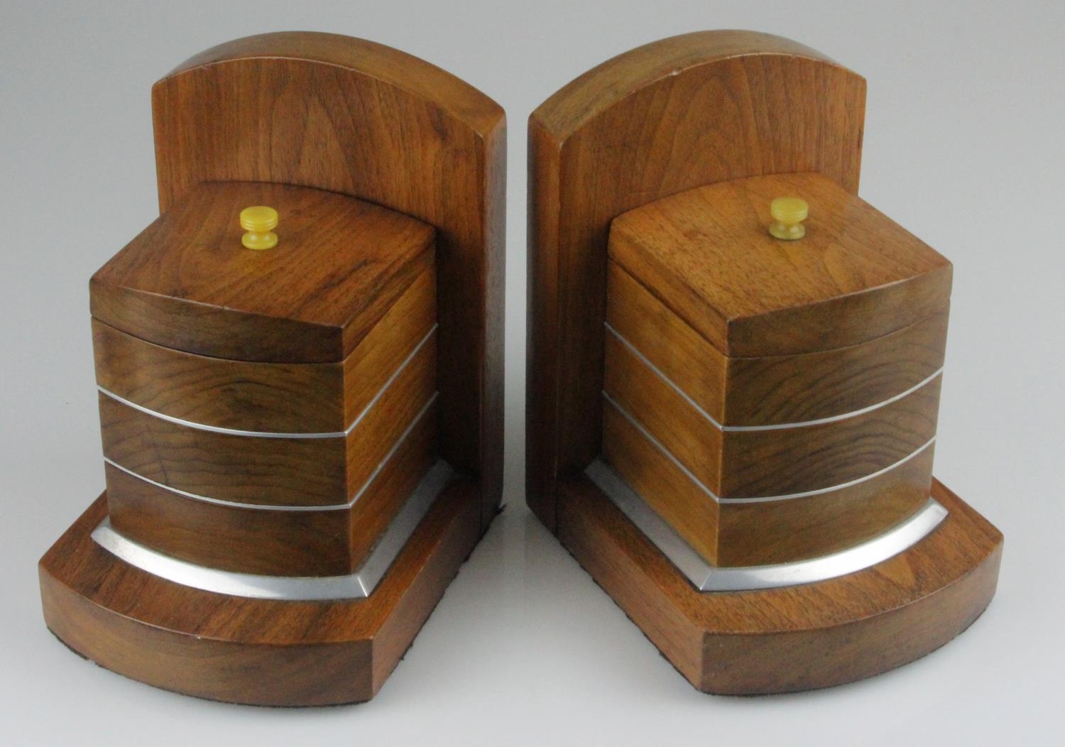 Art Deco Walnut Bookends with Aluminium Trim. Each with a compartment, fitted lid and bakerlite - Image 2 of 4