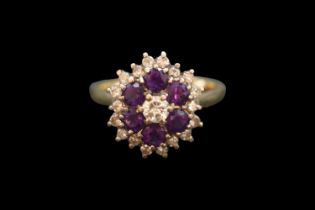 Ladies 18ct Gold Amethyst and Diamond Cluster ring. Central Diamond estimated 0.25ct (4.4mm)