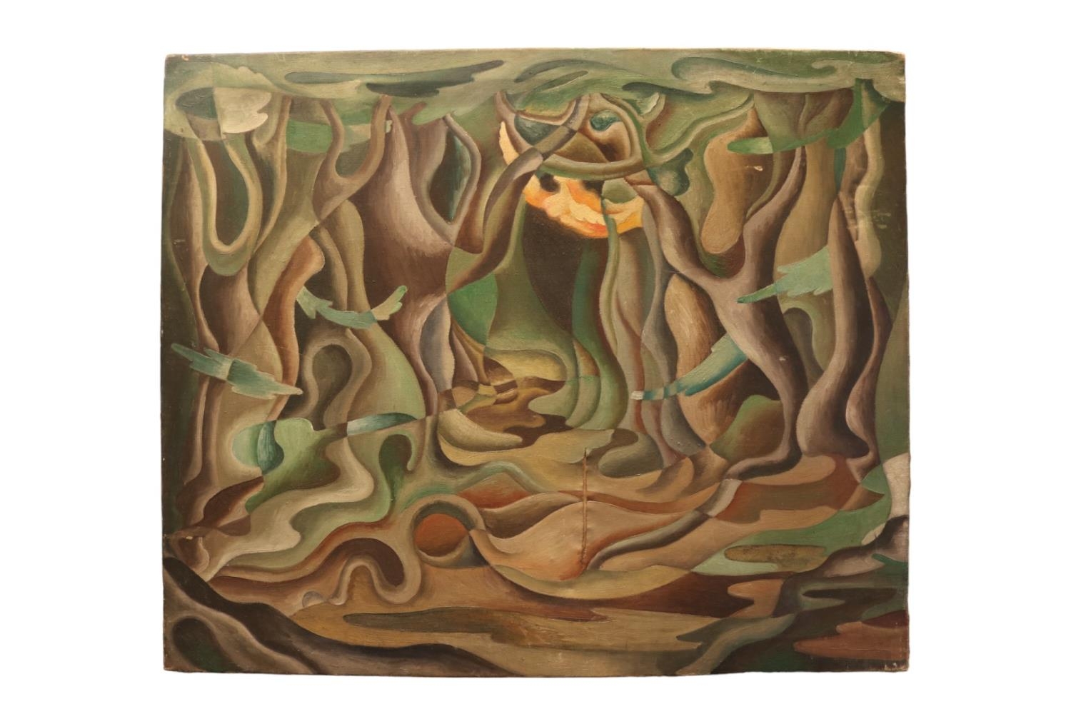 Original 1930's Surrealist oil on canvas depicting a forest scape in moonlight, in the style of