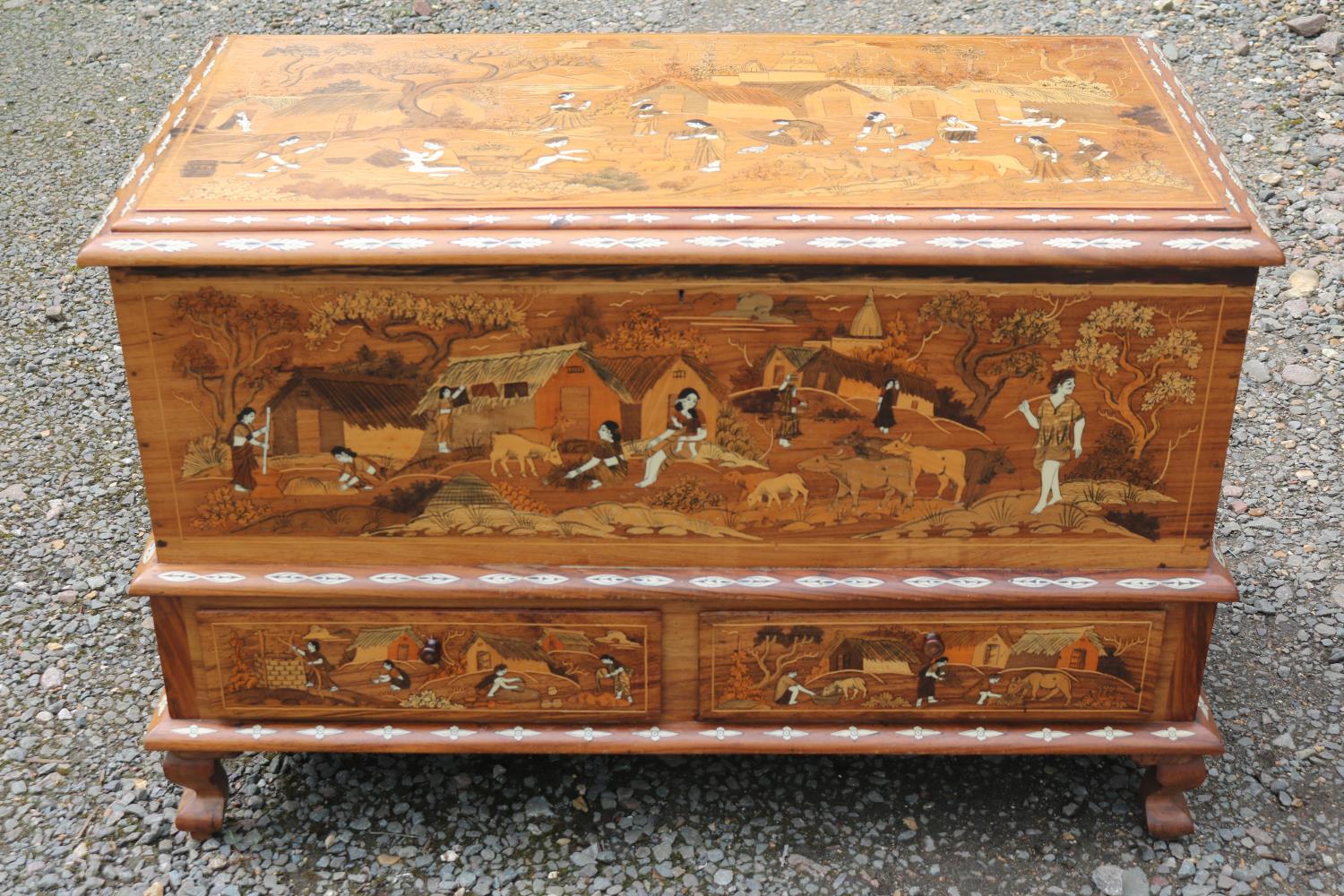 Anglo Indian Rosewood bone inlaid Mule chest supported on cabriole legs decorated with figural and - Image 2 of 7