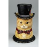 RARE Victorian Hand Painted Syroco Jar in form of a Cat in Top Hat. Detailed modeling of his fur,