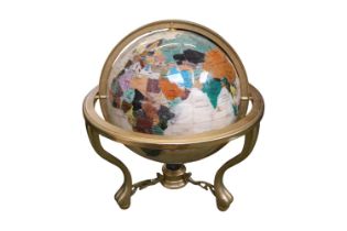 Contemporary Lapis Lazuli and gemstone globe in rotating brass cradle with polished frame and