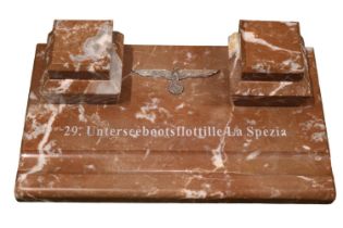 WWII Kriegsmarine U-Boat Italian marble inkstand 29 Unterseebootsflottille La Spezia with applied