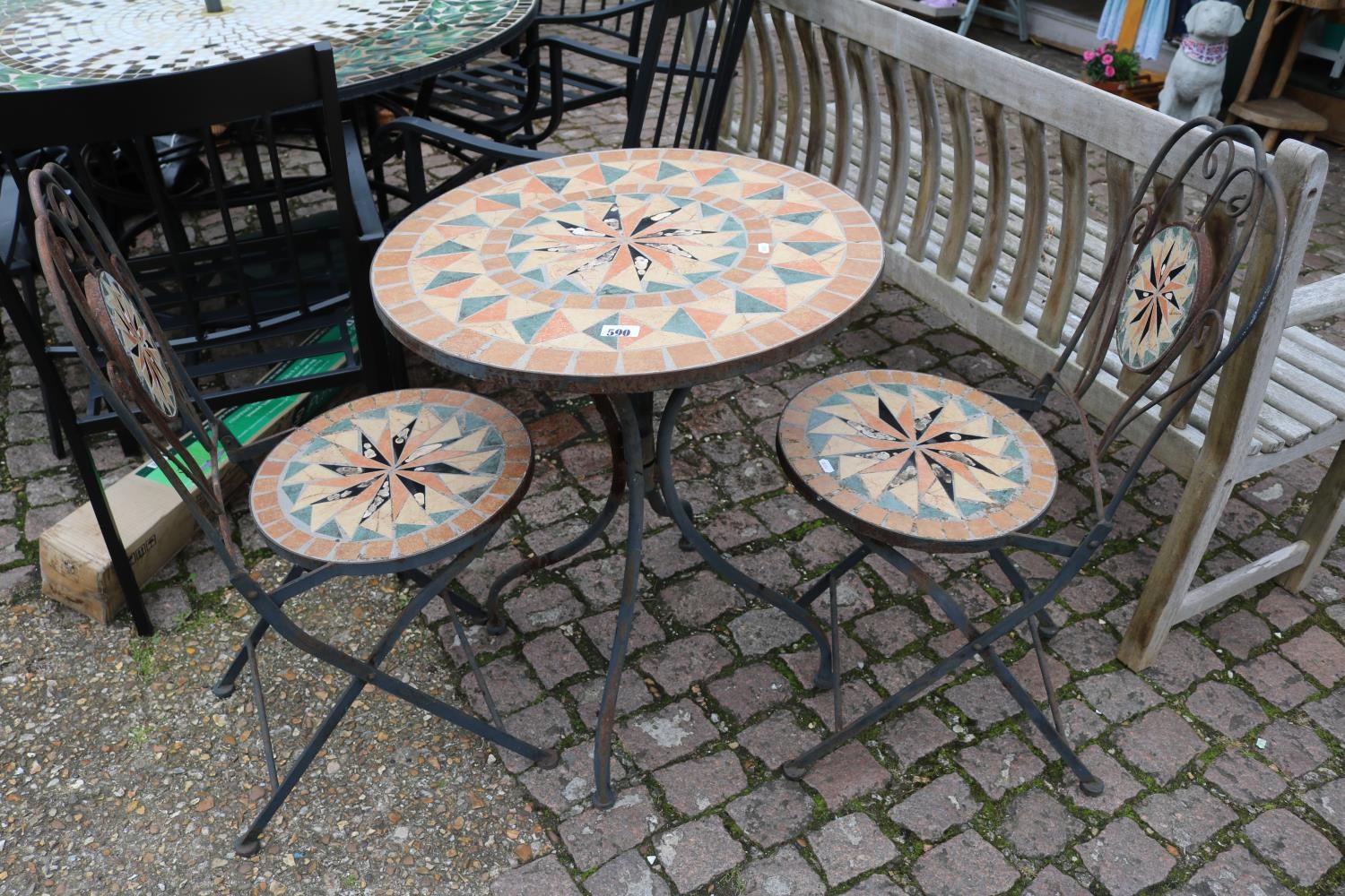 Mosaic topped garden table and 2 matching chairs