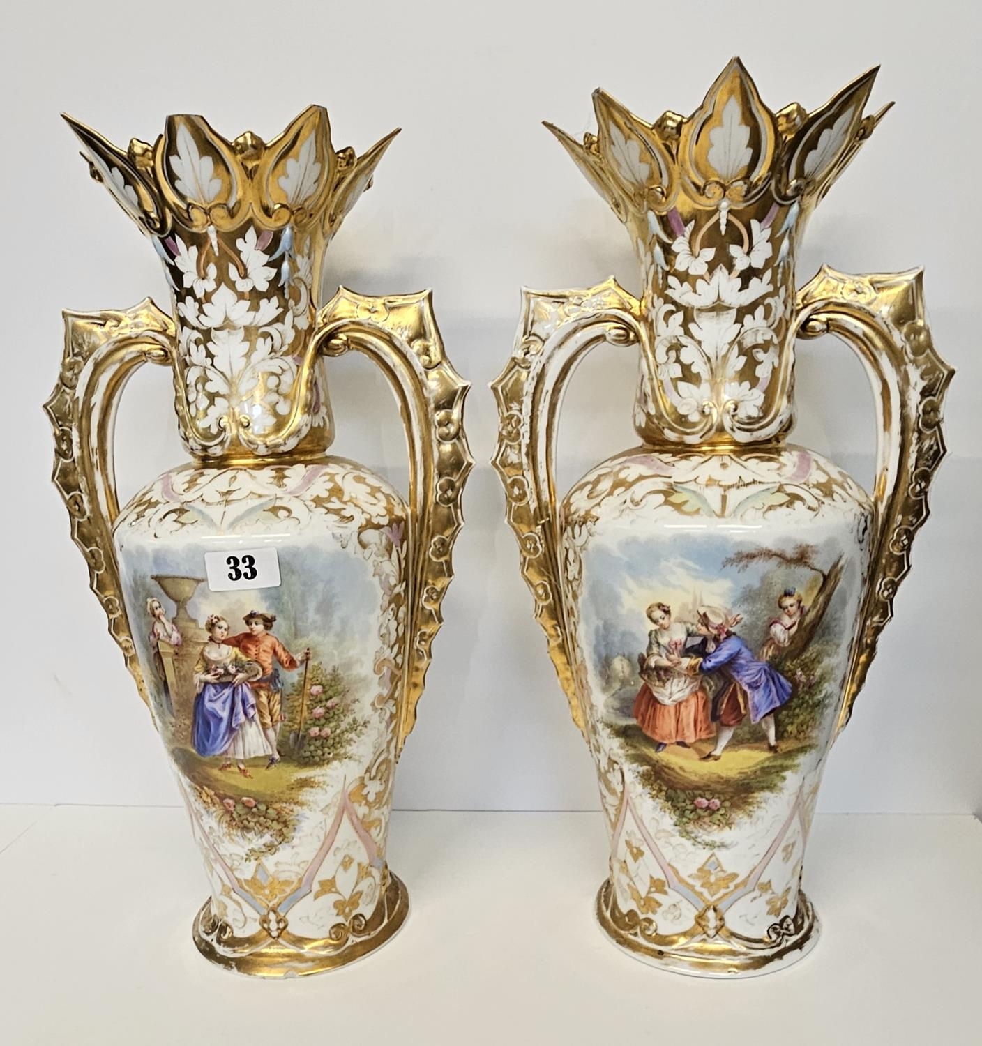 Pair of 19thC Fine French Paris vases painted with courting regency couples, Heavily gilded with - Image 15 of 15