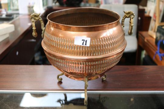 Copper Hammered Urn planter with Brass Griffin handles over scroll brass feet. 26cm in Height - Image 1 of 3