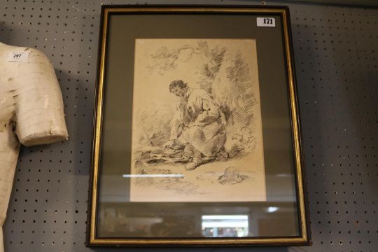 Late 18thC Pencil sketch depicting a wood carrier in the manner of George Morland (1763-1804). 33 - Image 2 of 5