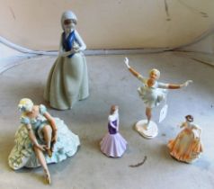 A Nao figure lady (a/f), two German figures and two Coalport figures