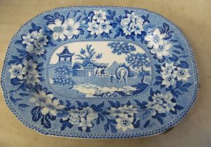 A Rogers blue and white platter oriental scene with elephant and two elephant plates