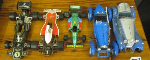 Two Burrago vintage cars, Burrago Formula One car and two Corgi Formula One cars