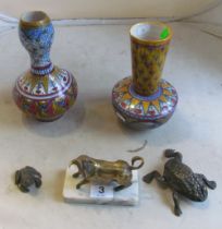 Two Spanish lustre vases (one a/f), two metal toads and gilt bronze bull on stand