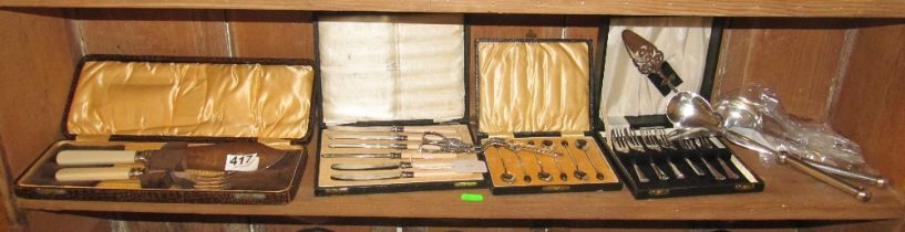 A pair plated grape scissors and other cased cutlery