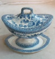 A Rogers blue and white neoclassical lidded sauce tureen on stand (firing crack to base, some
