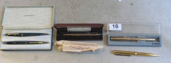 A Parker pen and pencil (boxed), a rolled gold Parker pen, Colibri pen and a Yard O'Led pencil (