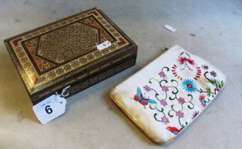 An inlaid box, glove box with vintage gloves and an embroidered purse