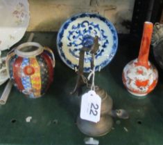 A metal oil hanging lamp, blue and white plate et cetera