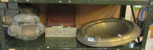 A brass bowl, large jug, oriental box and pot lids