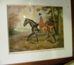 A watercolour lake scene, two oriental prints, print horse and rider and two other pictures