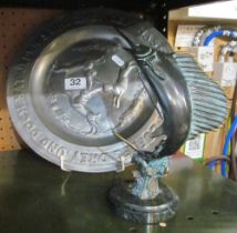 A SPI gallery brass sculpture of a sailfish and a German pewter plate the centre with raised