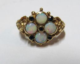 A 9ct opal and sapphire cluster ring, size M/N 4.1g