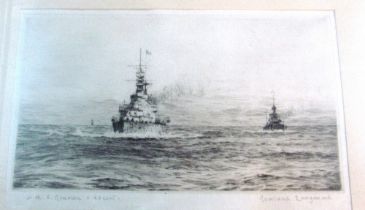 Lowland Langmaid etching HMS Renown and escort and Rochester