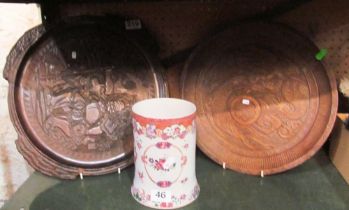 Chinese Famille Rose vase converted from a tankard and two oriental wood plaques