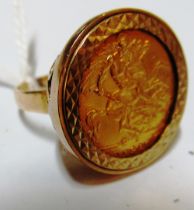 A half-Sovereign 1916 mounted as a ring in 9ct gold, 8g