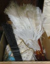 Three pairs of ladies evening gloves, feather fans, purse et cetera