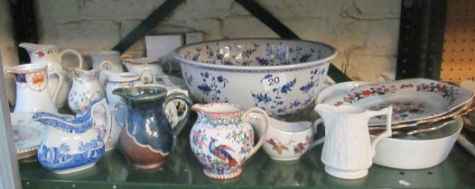Some jugs, blue and white bowl, plates and dish