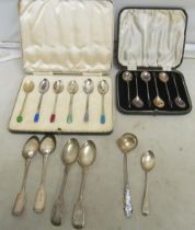 Five silver and enamel spoons, six silver beanspoons, five silver spoons and Sterling spoon