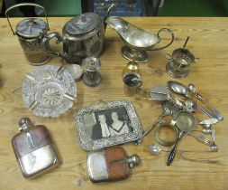 Two hip flasks and plated items