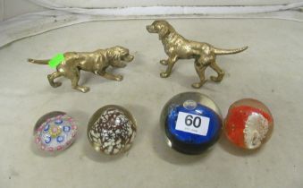 A 19th Century latticino style paperweight (a/f), three other paperweights and a pair of plated