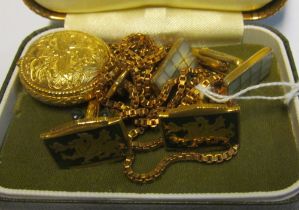 A gold coloured box chain marked 585 and cufflinks in box