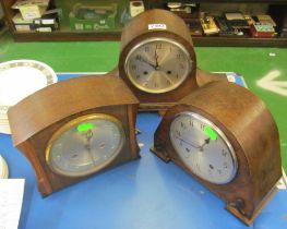 A Wellington style oak cased clock (foot missing) and two other oak cased clocks