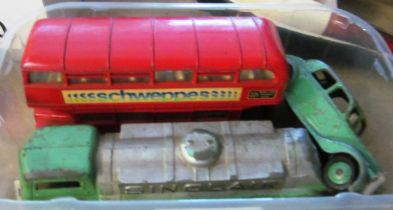 A Dinky Schweppes London Bus, Dinky green car and a Tootsie Toy Sinclair fuel tanker