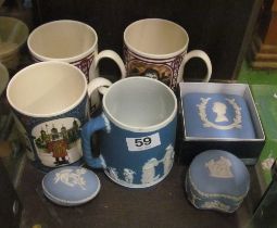 Three Wedgwood commemorative mugs and small group Jasperware