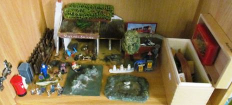 Some farm buildings, farmyard animals, road signs and other toy figures, animals et cetera