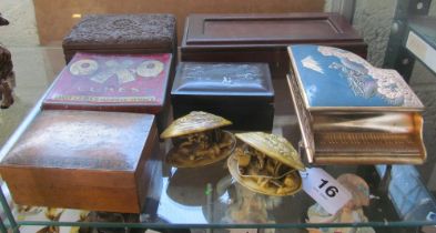 A Japanese novelty musical piano jewellery box, various other boxes and two Japanese shell