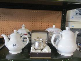 A Minton 'Tapestry' tureen, another tureen, two teapots, plated christening cup