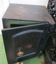 A small metal safe 1'8" h x 1'2" d, 1'3" with hinge and 1'4"w