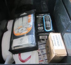 A box with darts etc, box with watches and ring boxes and cameras