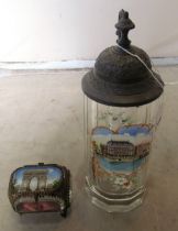 A German glass stein and a glass ring box both architectural scenes