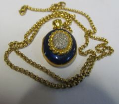 A Charles Green locket blue enamel and diamonds 16.3g on 9ct gold chain 9.5g