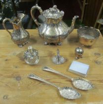A silver-plated swing handled cake basket, coffee pot and jug and other plated items