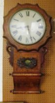 A Victorian walnut and inlaid wall clock cream dial, hinged door revealing pendulum