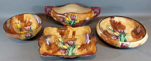 Two Tunstall Tuliptime pattern bowls together with a matching dish and two handled vase