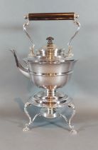 A Victorian silver Spirit kettle, the stand with burner raised upon scroll feet, Sheffield 1897,