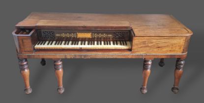 A Regency mahogany square piano by Samuel John Noble, London with brass inlay and raised upon turned